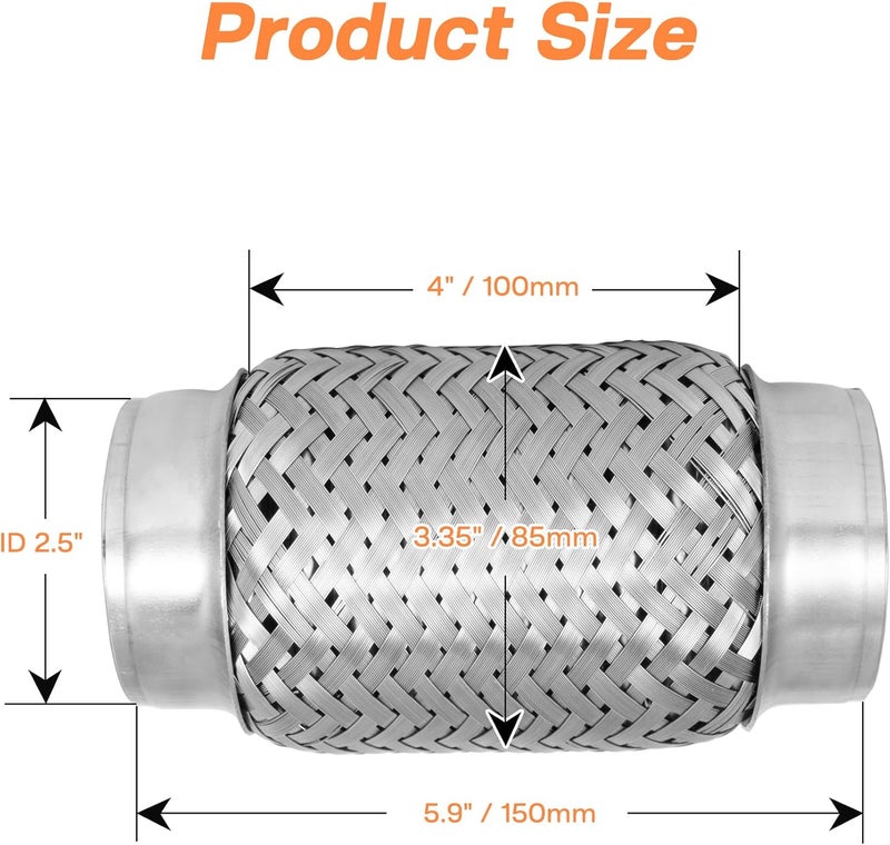 SVULK Exhaust Flex Pipe, 2.5" Double Braid Stainless Steel Flexible Pipe, Heavy Duty Exhaust Flexible Tube Overall Length 5.9"/150mm, 2PCS - Image 2